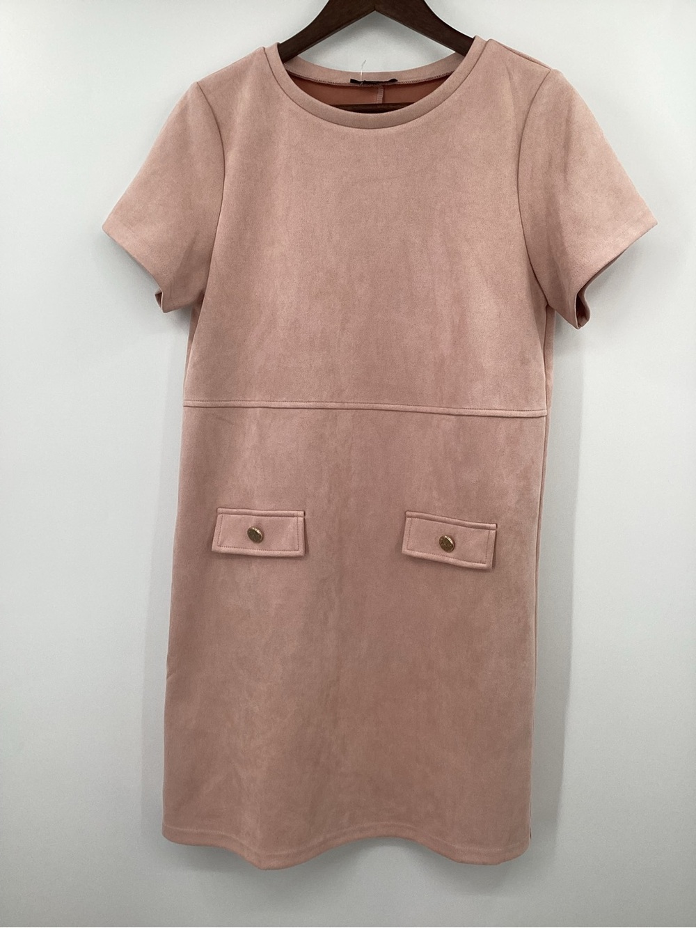 Women's Short Sleeve Faux Suede Shift Dress - Dusty Rose